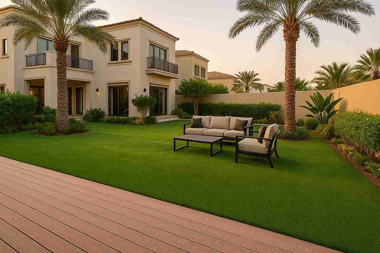 Luxury villa garden in Dubai featuring artificial turf lawn and WPC decking in the backyard