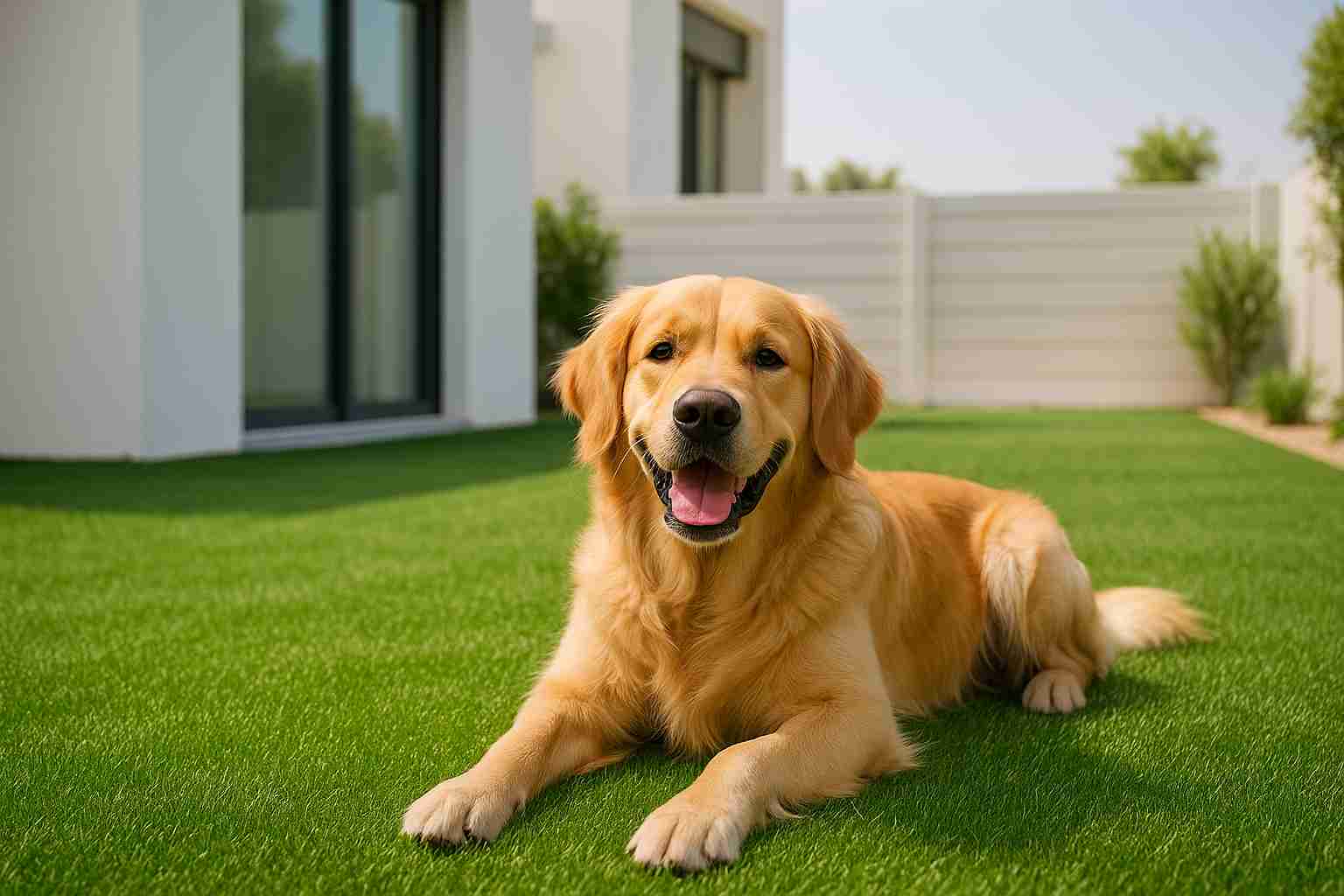 Small dog on artificial grass balcony with Dubai skyline in background.