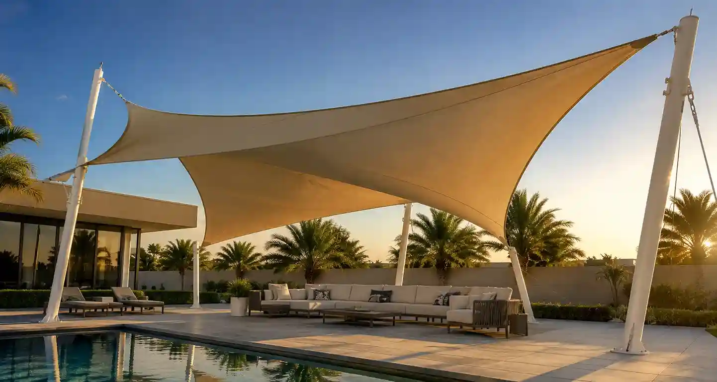 Tensile shade structure installation for commercial parking area in Dubai UAE